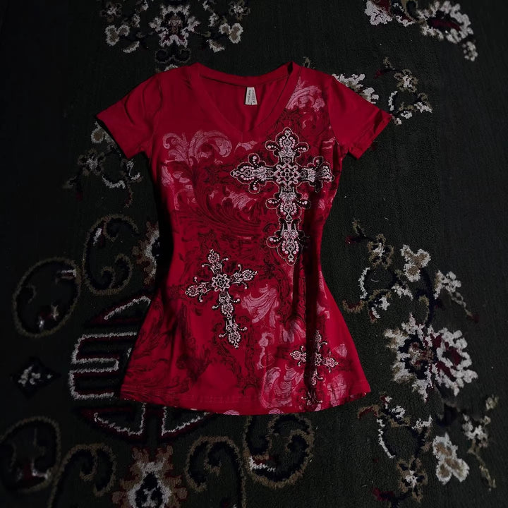 Damen T-Shirt mit dekorativem Kreuzdesign und floralen Akzenten Drune