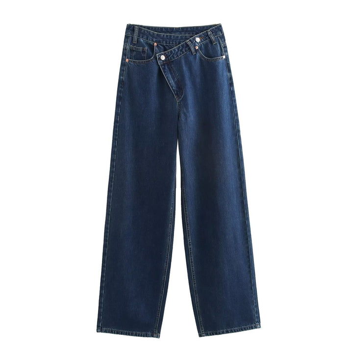 Damen weit geschnittene Jeans mit asymmetrischem Knopfverschluss und hohen Taillen Drune