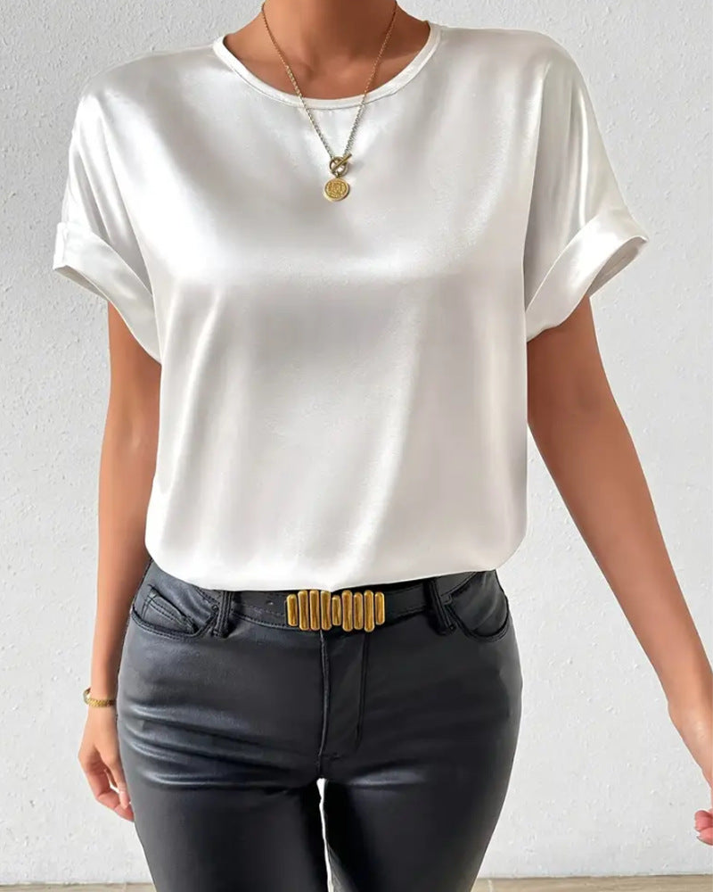 Damen Satin T-Shirt mit umgeschlagenen Ärmeln Drune