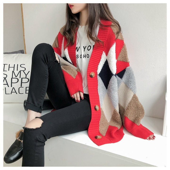 Damen Grobstrick Cardigan mit geometrischem Muster und großen Taschen Drune