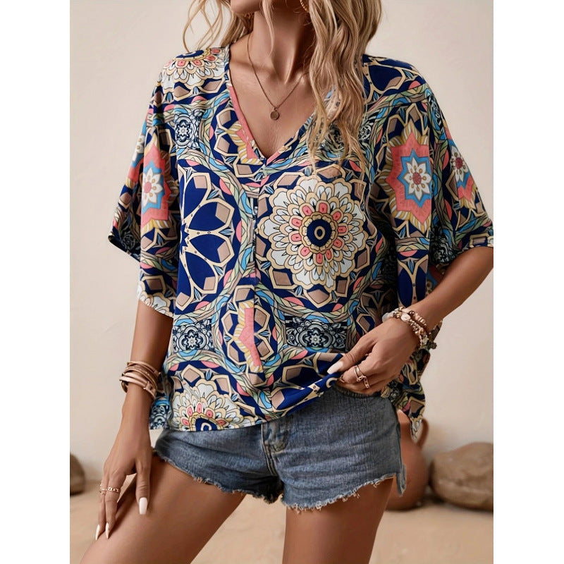 Damen Oversized Bluse mit kontrastvollem Blumenmuster Drune