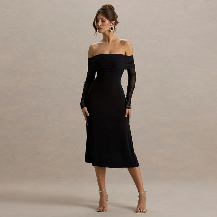 Damen Off-Shoulder Maxikleid mit eleganten Rüschen Drune