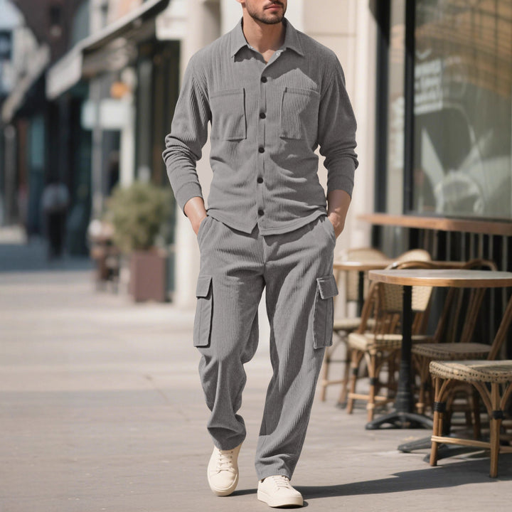 Herren nan geripptes Worker-Hemd mit Brusttaschen und entspannter Cargohose Drune