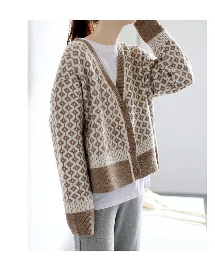 Damen elegante Strickjacke mit geometrischem Muster und Knopfdetails Drune