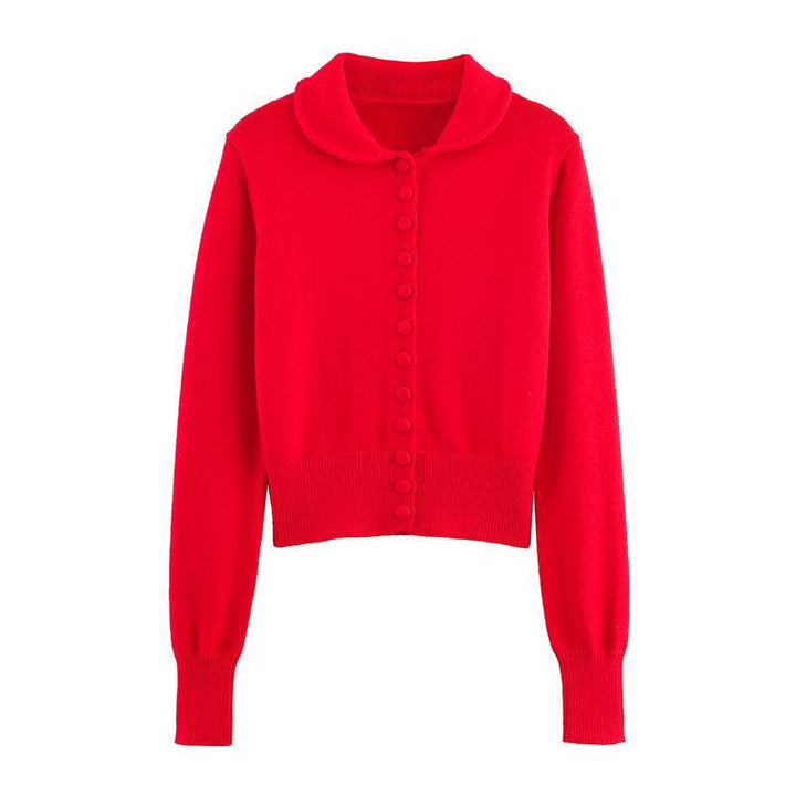 Damen Strickjacke mit Rüschenkragen und dekorativen Knöpfen Drune