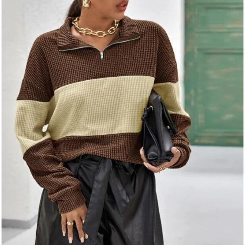 Damen Pullover mit Reißverschluss und Blockstreifen Drune