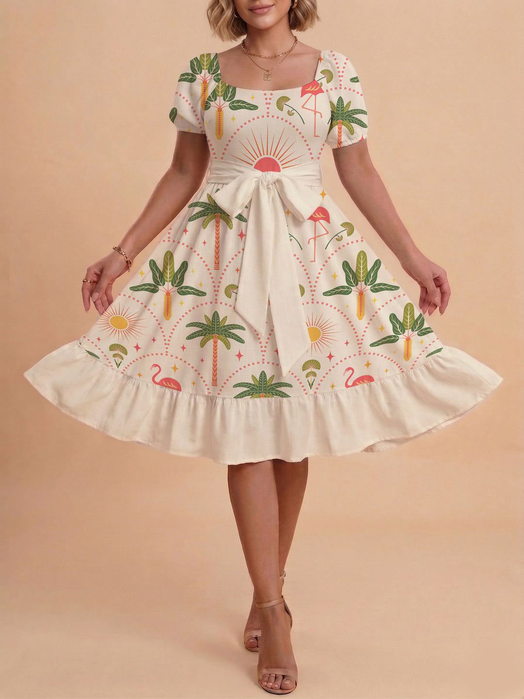 Damen A-Linien-Kleid mit floralen Motiven und taillierbarem Gürtel Drune