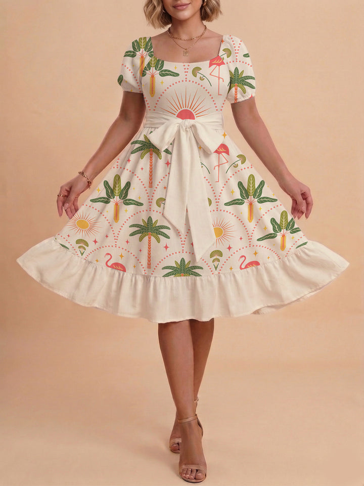 Damen A-Linien-Kleid mit floralen Motiven und taillierbarem Gürtel Drune