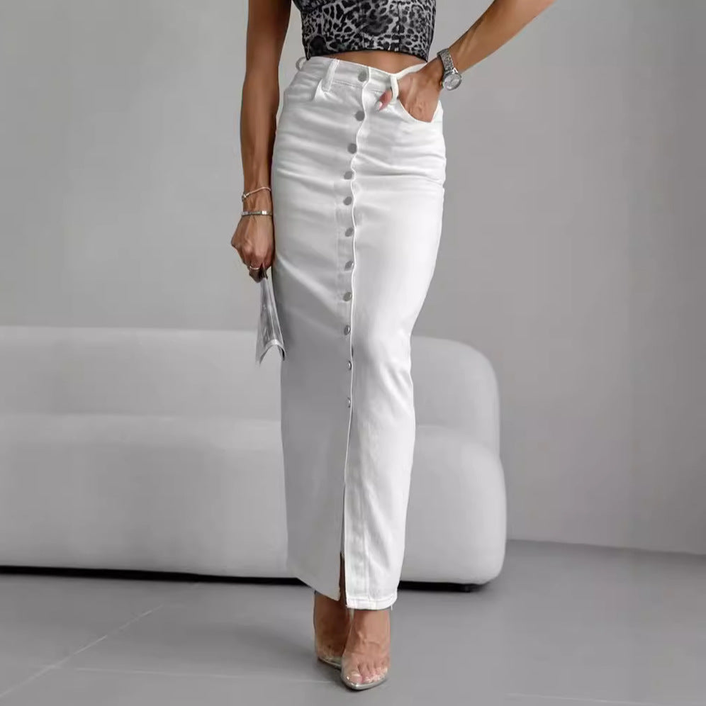 Damen langer Denimrock mit Knopfdetails und eleganter Teilung Drune