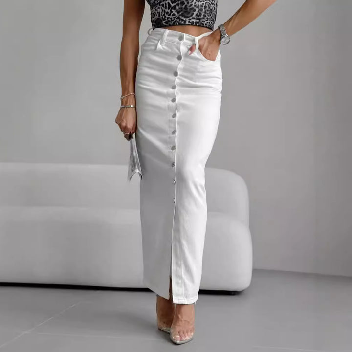 Damen langer Denimrock mit Knopfdetails und eleganter Teilung Drune