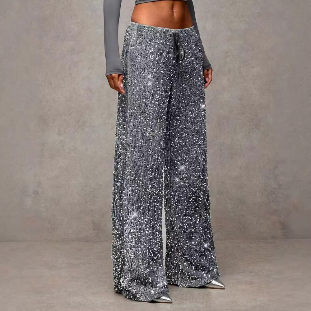 Damen extravagante Palazzohose mit Paillettenbesatz Drune