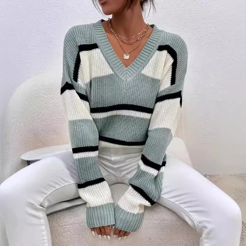 Damen modischer V-Ausschnitt Strickpullover mit breiten Streifen Drune