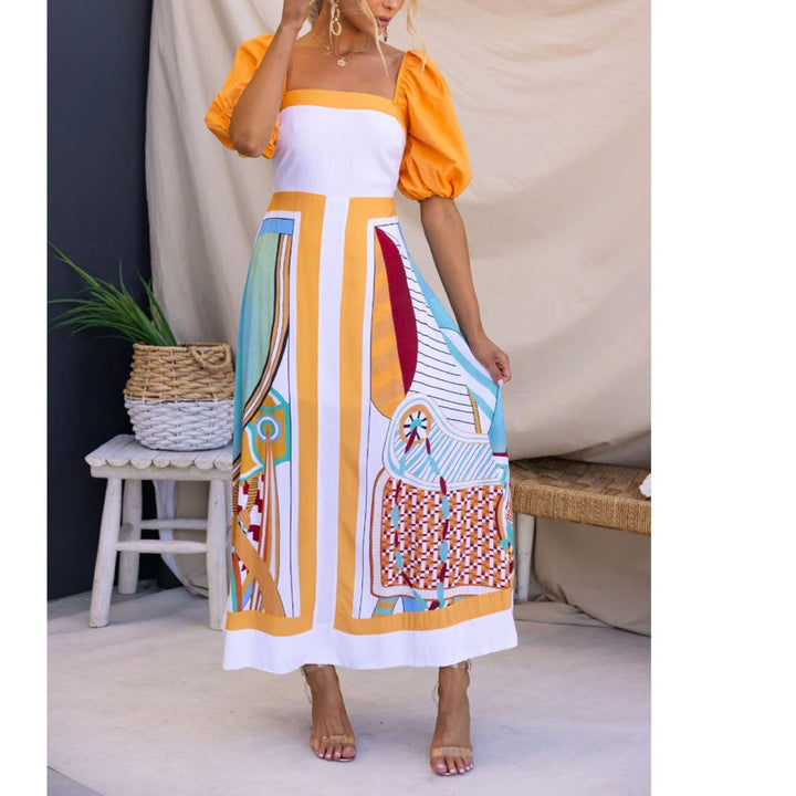Damen Maxikleid mit kreativem Kunstdruck und Puffärmeln Drune