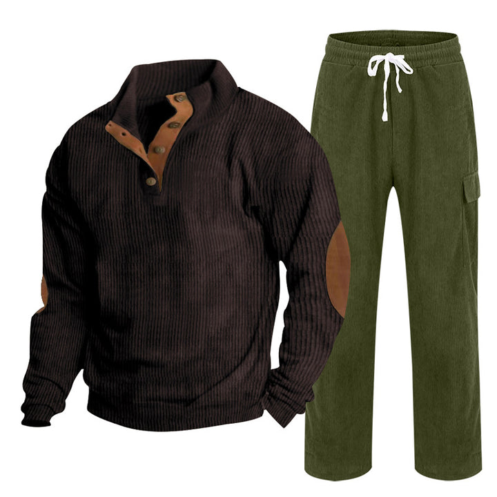Herren nan strukturiertes Cord-Henley-Loungewear-Set mit Ellenbogenpatches und Cargo-Jogpant Drune