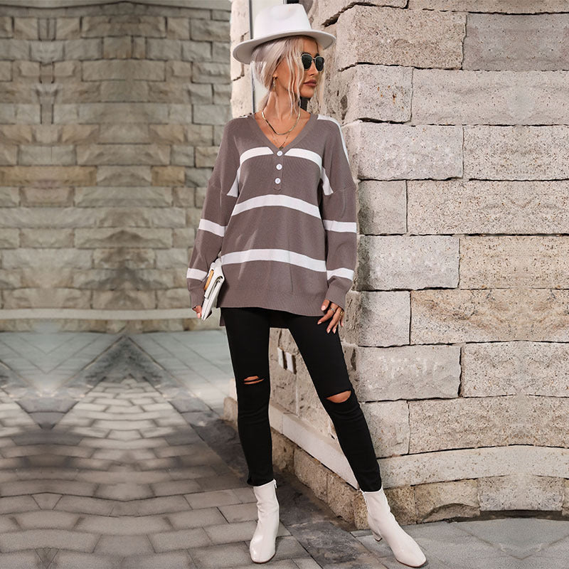 Damen gemütlicher Strickpullover mit modischem V-Ausschnitt und Knopfdetails Drune