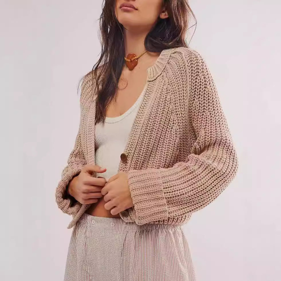 Damen lässige Strickjacke mit dekorativem Knopfverschluss und voluminösen Ärmeln Drune