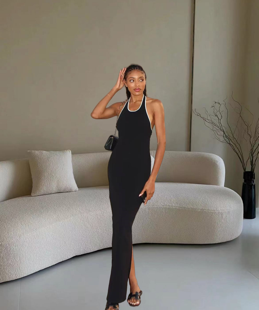 Damen Elegantes Maxikleid mit tiefem V-Ausschnitt und seitlichem Schlitz Drune