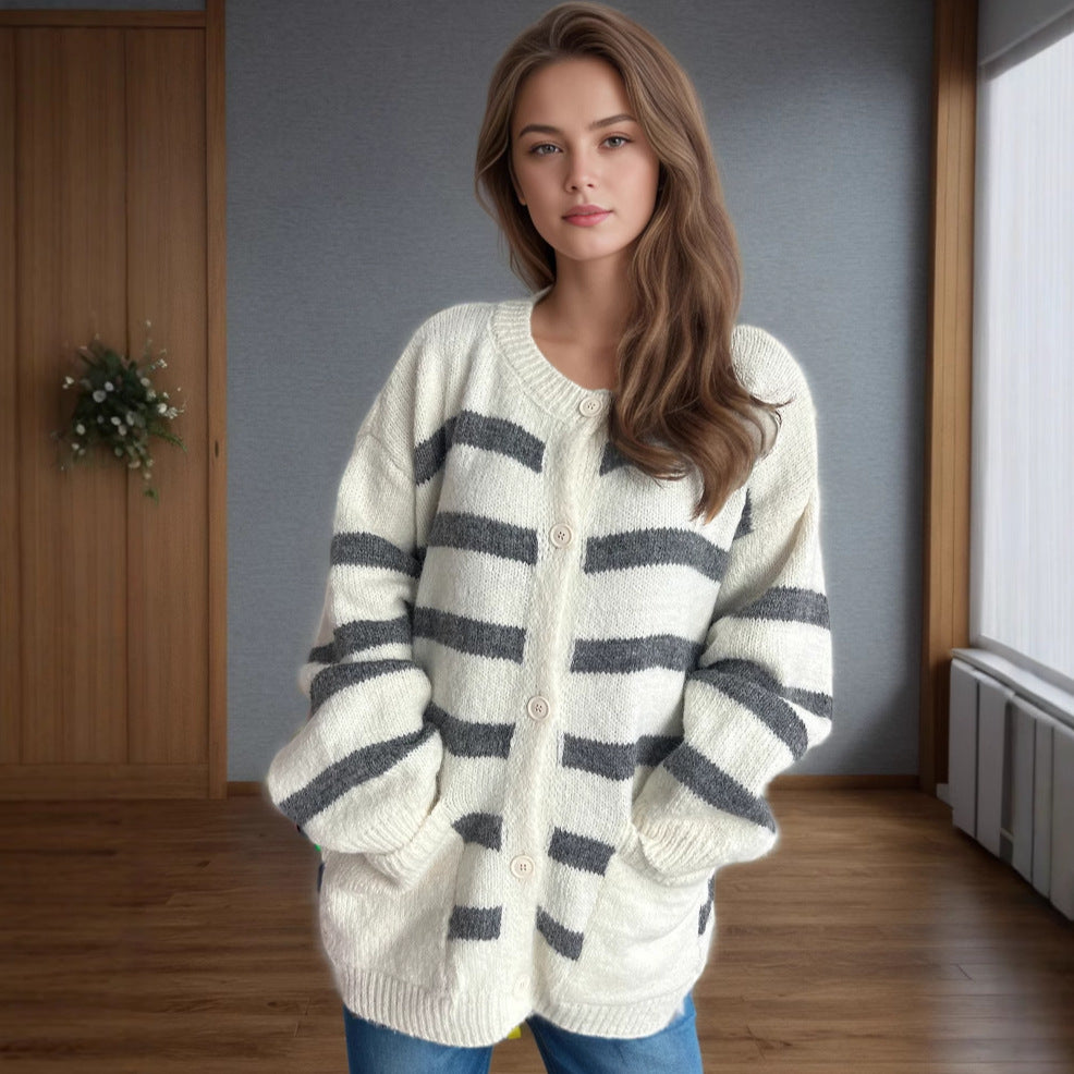 Damen Strickjacke mit dekorativen Knopfdetails und modischem Streifenmuster Drune