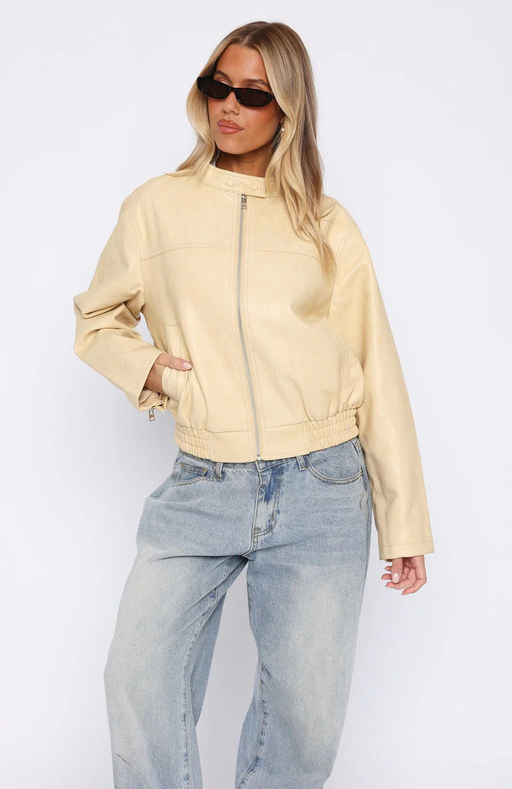 Damen Kunstleder Jacke mit elastischem Bund und hohem Stehkragen Drune