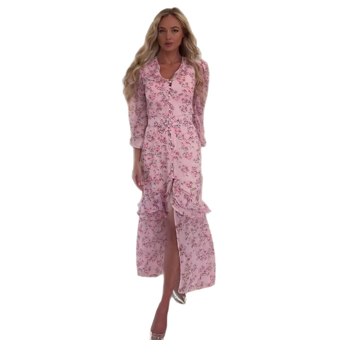 Damen Maxikleid mit floralem Design und hochgeschlossenem Ausschnitt Drune