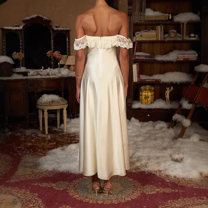 Damen Elegantes bodenlanges Kleid mit Spitzenbesatz Drune