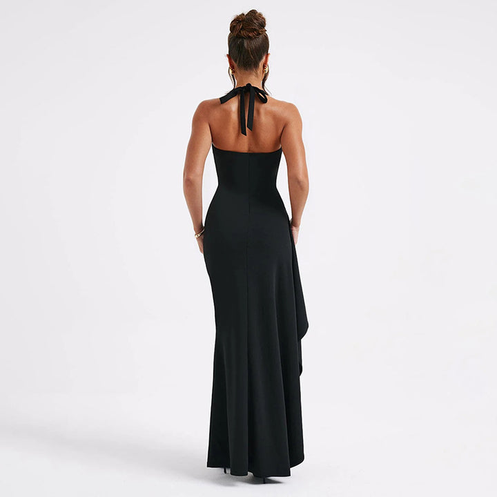 Damen Elegantes Maxikleid mit tiefem V-Ausschnitt und asymmetrischer Drapierung Drune