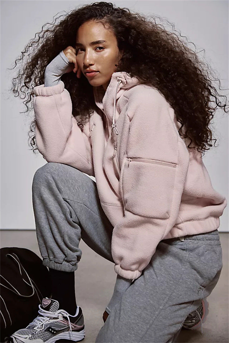 Damen Fleecejacke mit großen Taschen und hoher Kapuze Drune