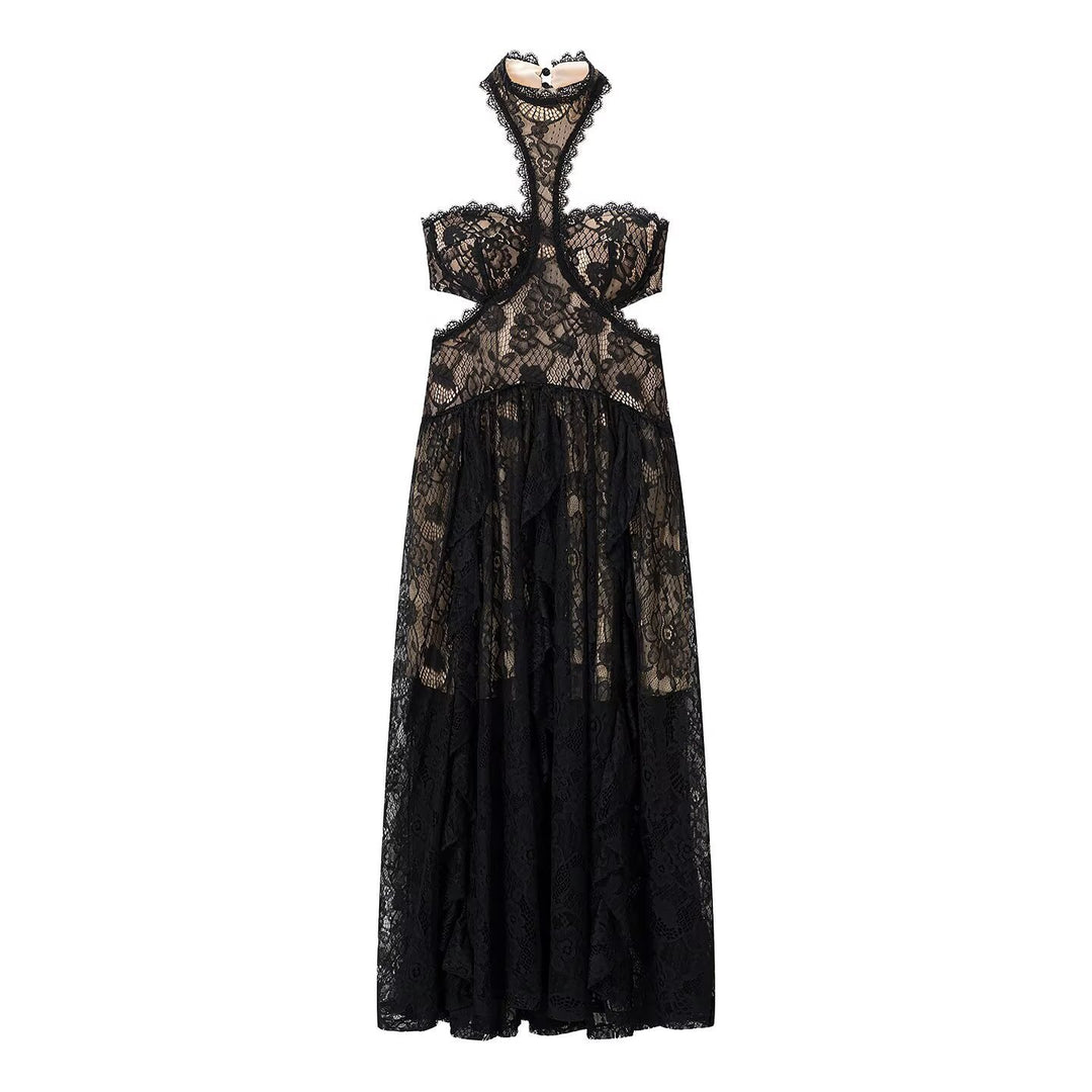 Damen Spitzenmaxikleid mit raffinierten Rüschendetails und elegantem Halterneck Drune