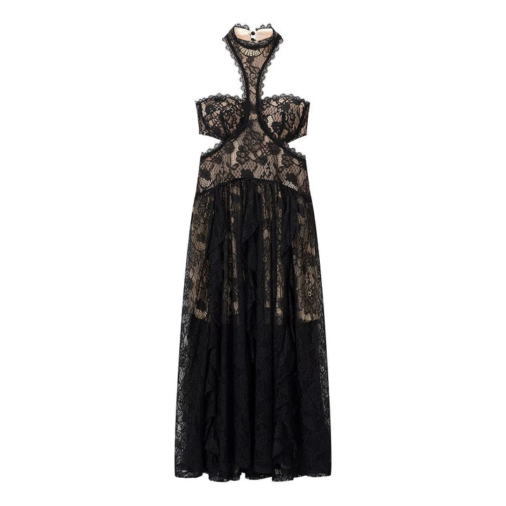 Damen Spitzenmaxikleid mit raffinierten Rüschendetails und elegantem Halterneck Drune