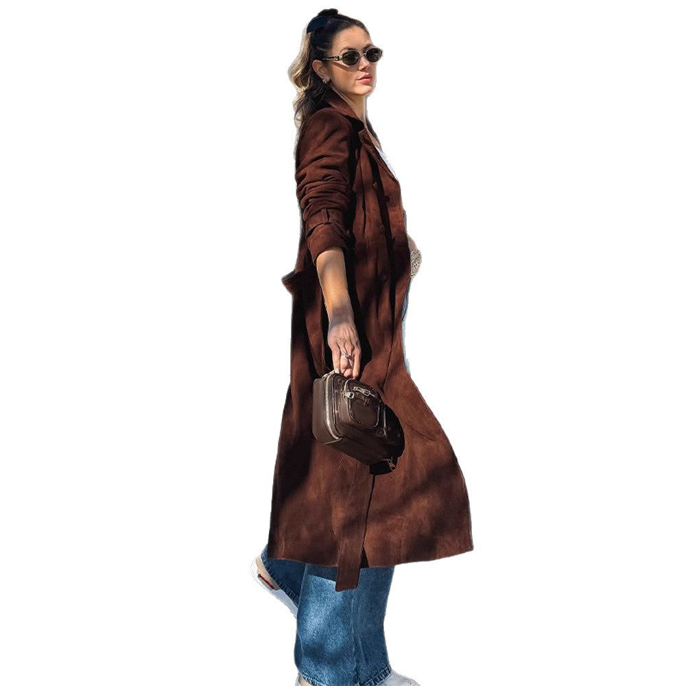 Damen Elegante Langzeit-Trenchcoat aus weichem Wildleder Drune