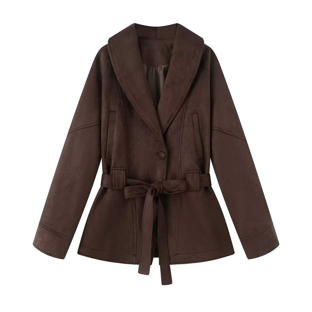 Damen elegante Übergangsjacke mit Bindegürtel und schmeichelndem Revers Drune