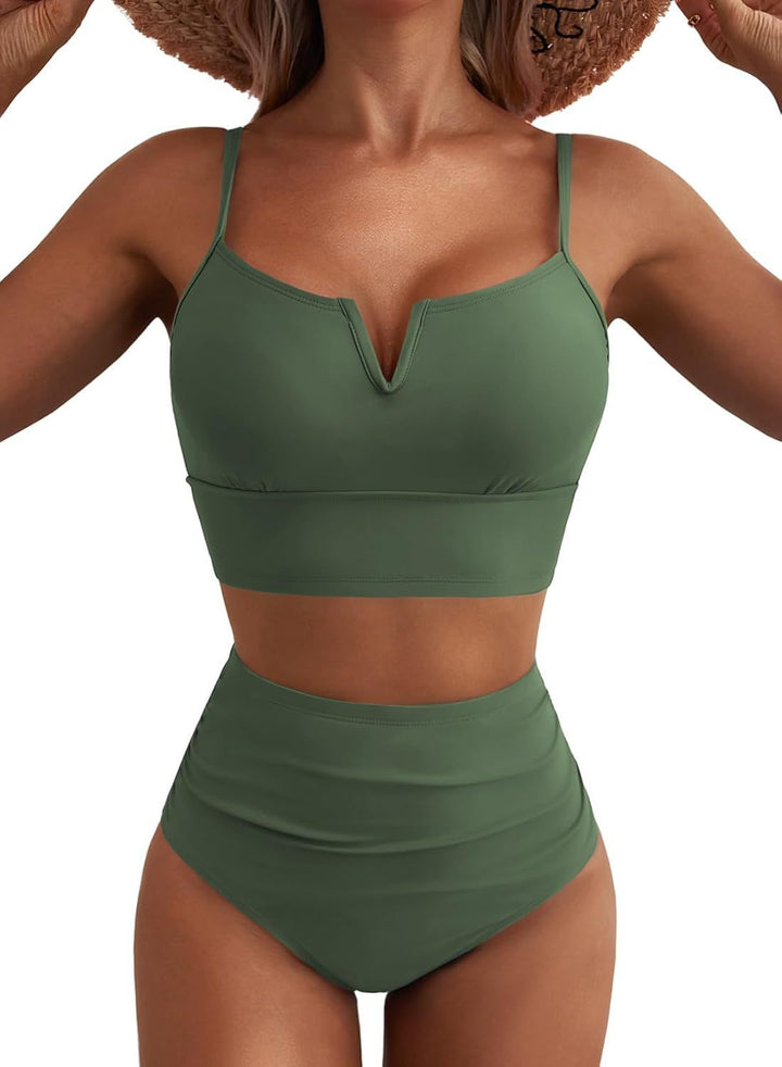 Damen Hochtailliertes Bikini-Set mit V-Ausschnitt und breiten Trägern Drune