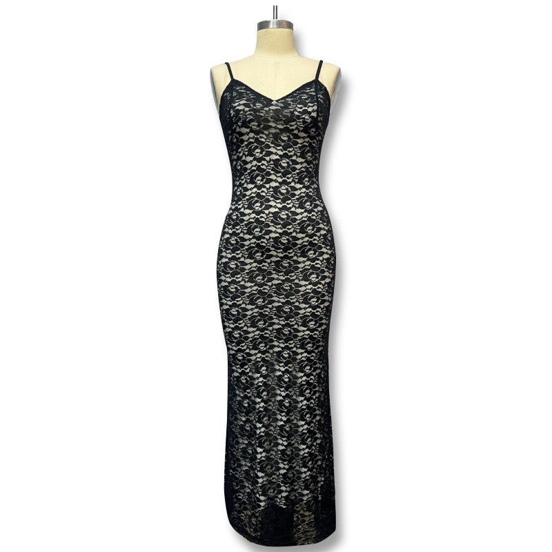 Damen Spitzen-Maxi-Kleid mit verführerischer Silhouette und Spaghettiträgern Drune