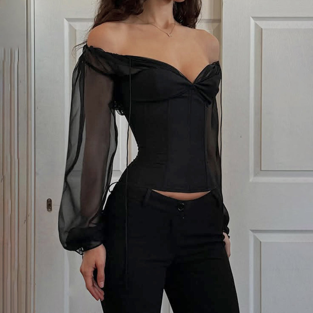 Damen elegantes Oberteil mit transparenten Ärmeln und schmaler Silhouette Drune