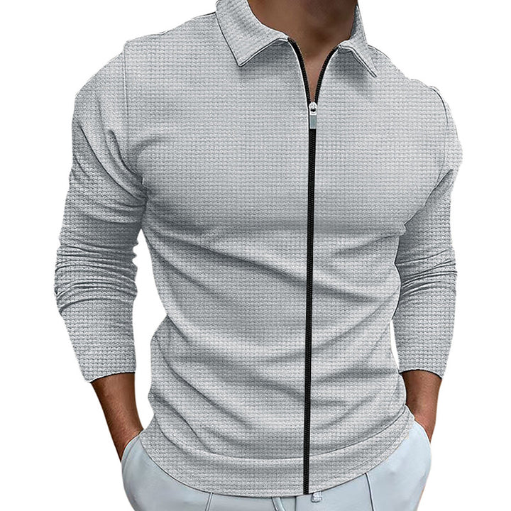 Herren nan texturiertes Slim-Fit Langarm-Poloshirt mit Frontreißverschluss und Hemdkragen Drune