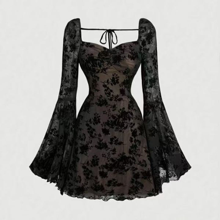 Damen Mini-Kleid mit floralen Spitzenärmeln und verführerischem Ausschnitt Drune