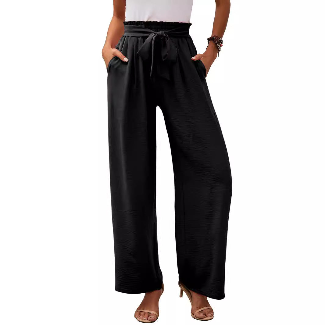 Damen nan Paperbag-Hose mit weitem Bein, hohem elastischem Bund und Bindegürtel Drune