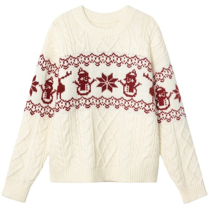 Damen Weihnachts-Pullover mit festlichem Zopfmuster und Schneemann-Motiv Drune