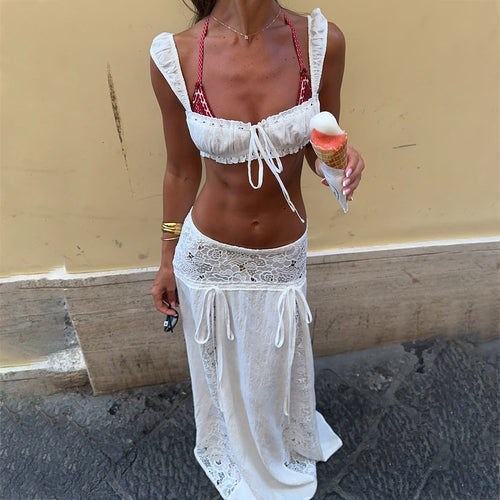 Damen Elegante Häkel-Tunika mit langem Rock Drune