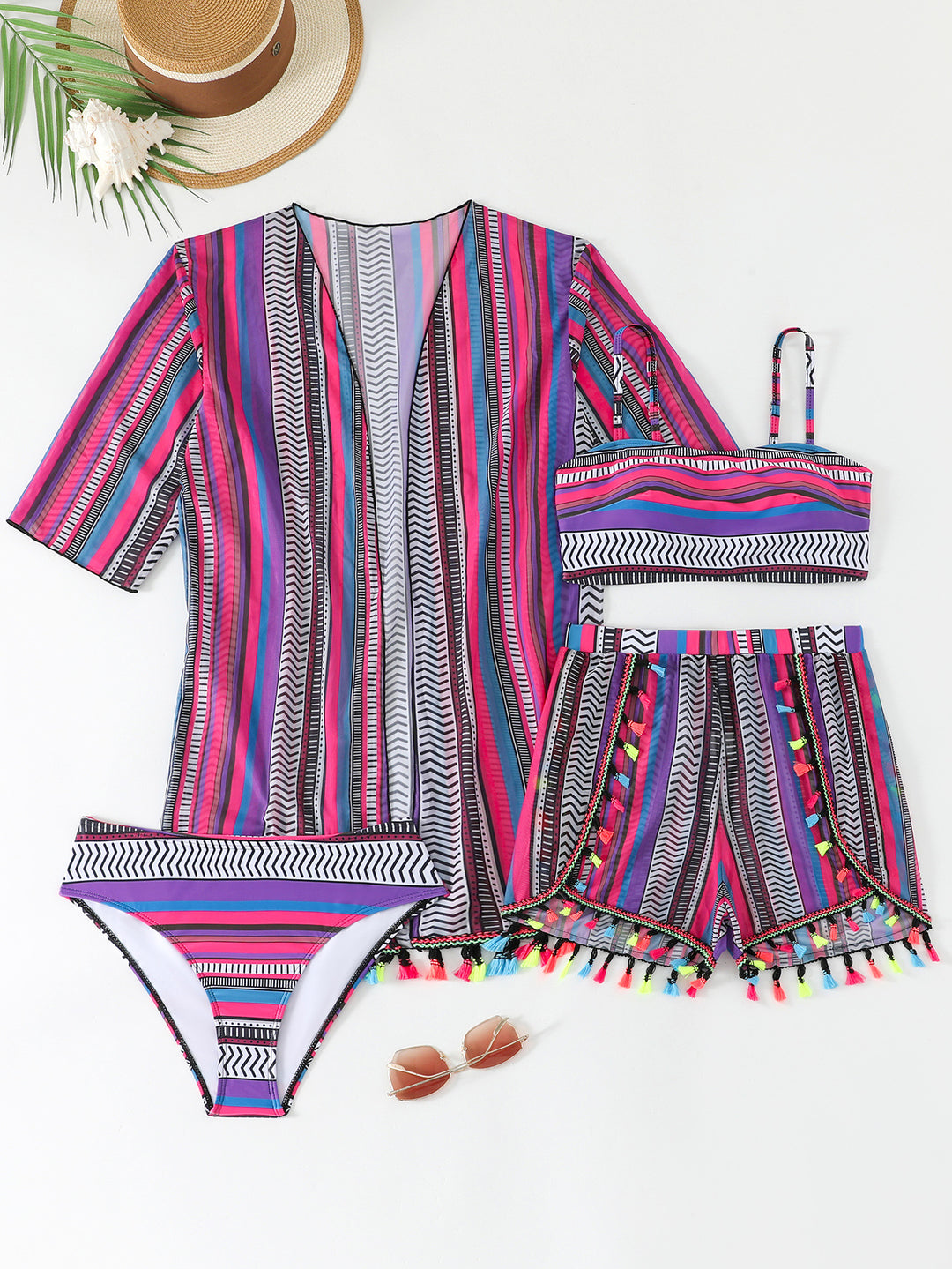 Damen Bikiniset mit trendigem Strandkimono und bunten Quasten Drune