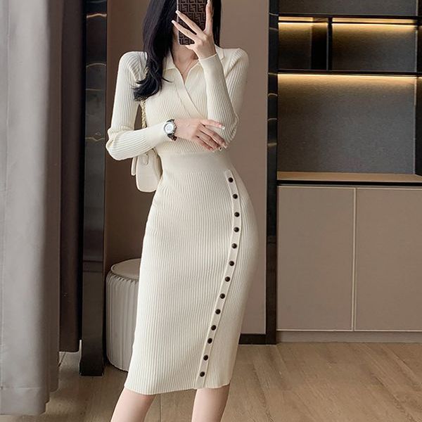 Damen Elegantes Strickkleid im Wickelstil mit Knopfdetails und feiner Rippstruktur Drune