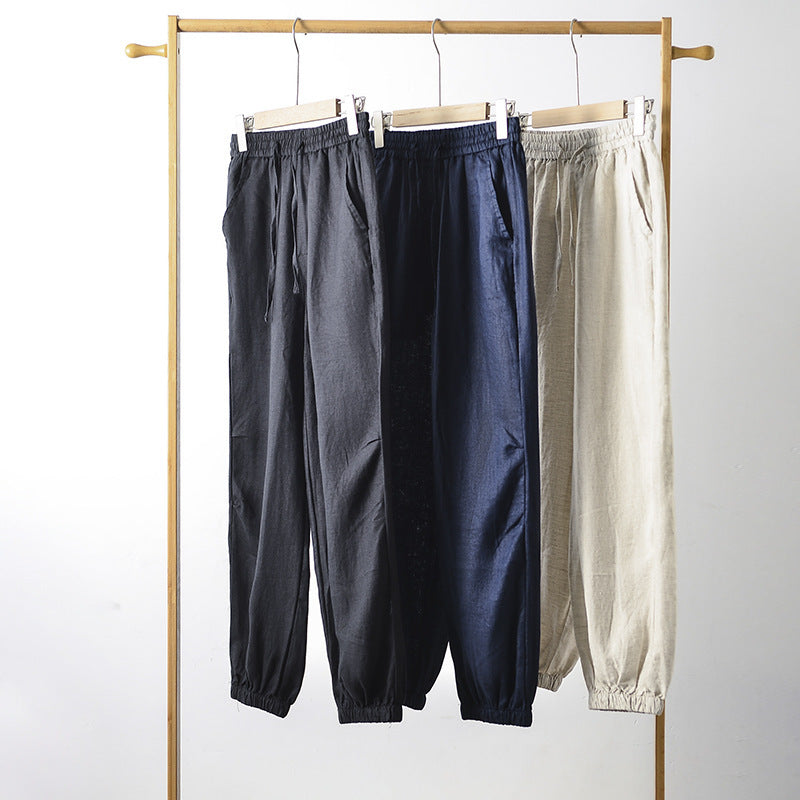Damen lässige Leinenhose mit elastischem Bund und seitlichen Taschen Drune