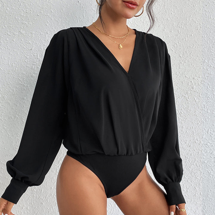 Damen elegante Bluse mit tiefem V-Ausschnitt und voluminösen Ärmeln Drune