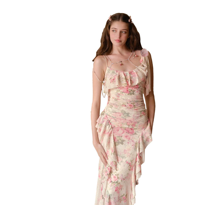 Damen Elegantes Fließendes Abendkleid mit Rüschendetails Drune