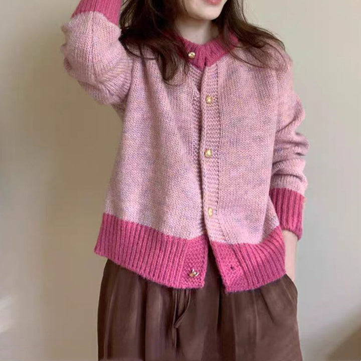 Damen Strickjacke mit farblich abgesetztem Bund und Knopfdetails Drune
