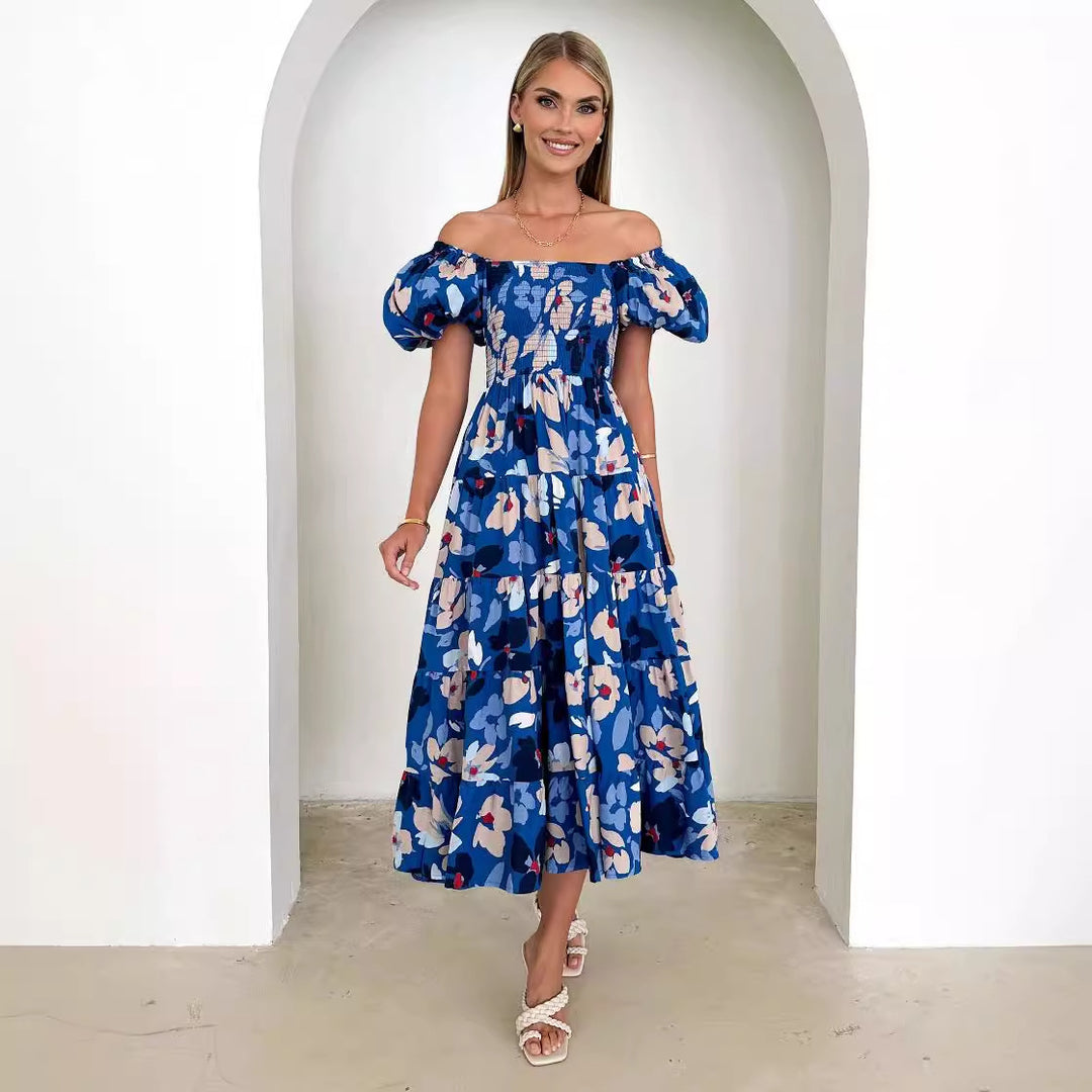 Damen Maxikleid mit Puffärmeln und floralem Smocking Drune