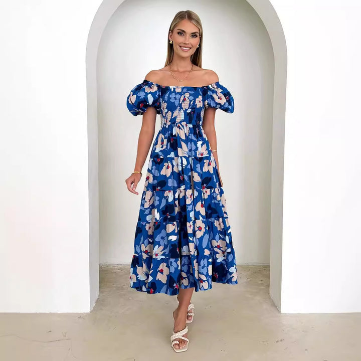 Damen Maxikleid mit Puffärmeln und floralem Smocking Drune