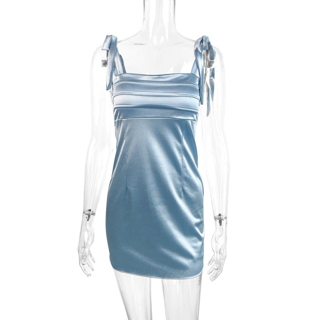 Damen Zart glänzendes Minikleid mit raffinierten Schleifen-Trägern Drune