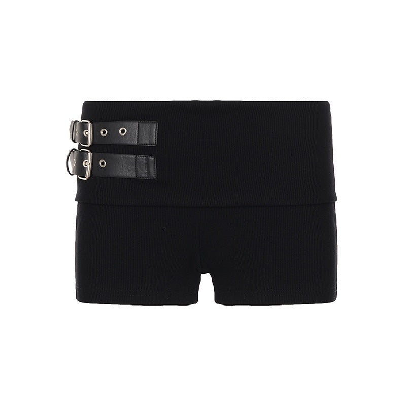 Damen Shorts mit breitem Bund und dekorativen Schnallen Drune
