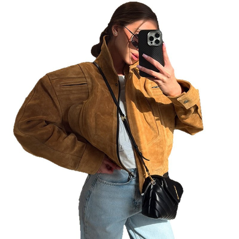 Damen Lässige Wildlederjacke mit abnehmbarer Kapuze Drune